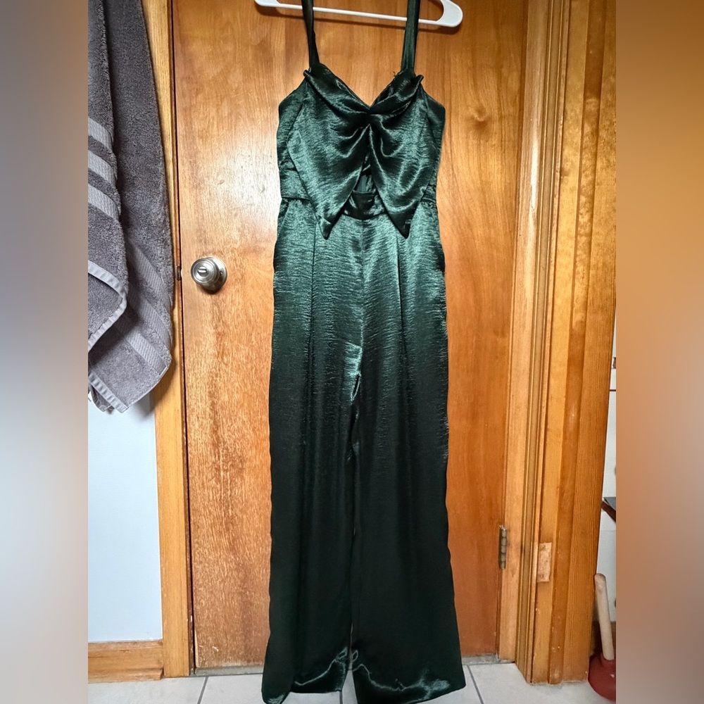 Satin Emerald Green Women's Wide Leg Jumpsuit